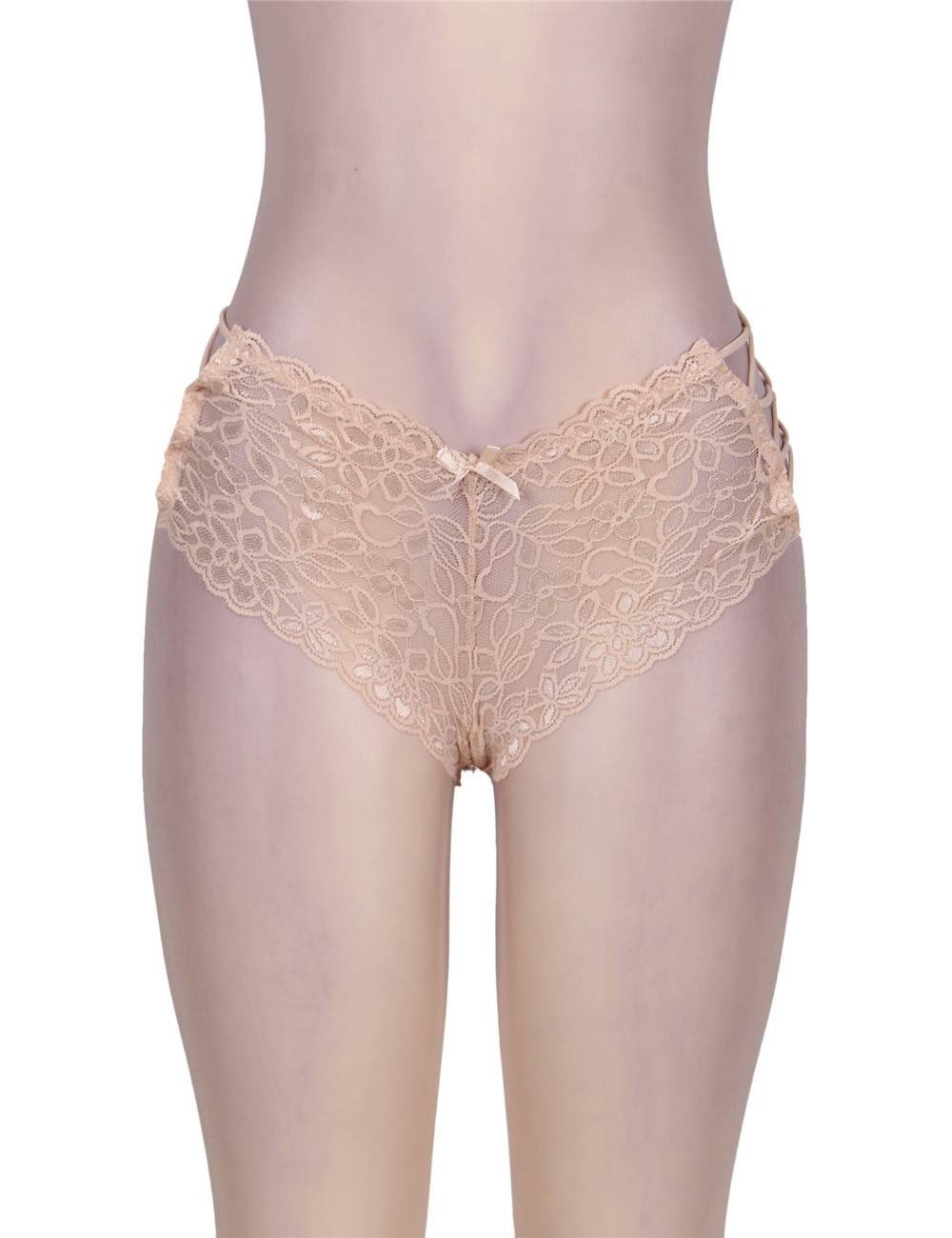 WOW BABE Nude Cross Tie Floral Lace Open Crotch French Knickers Panty Size 12