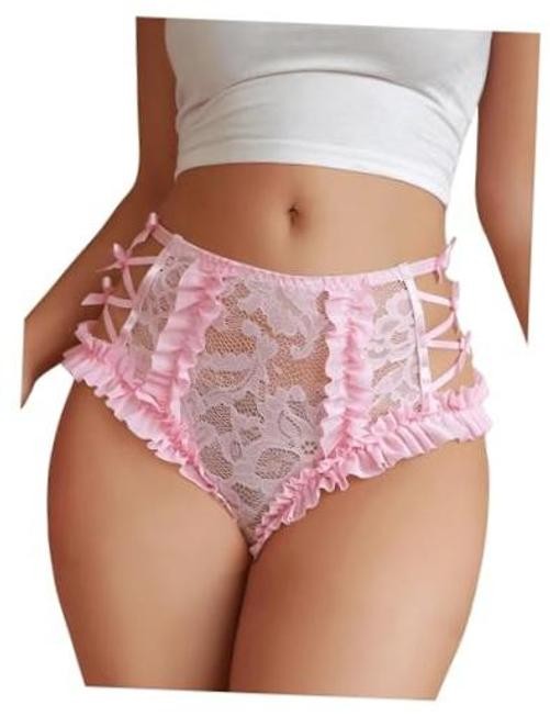 Women’s Sheer Lace Brief Criss Cross Bow Panty Ruffle Frill Trim Large Pink