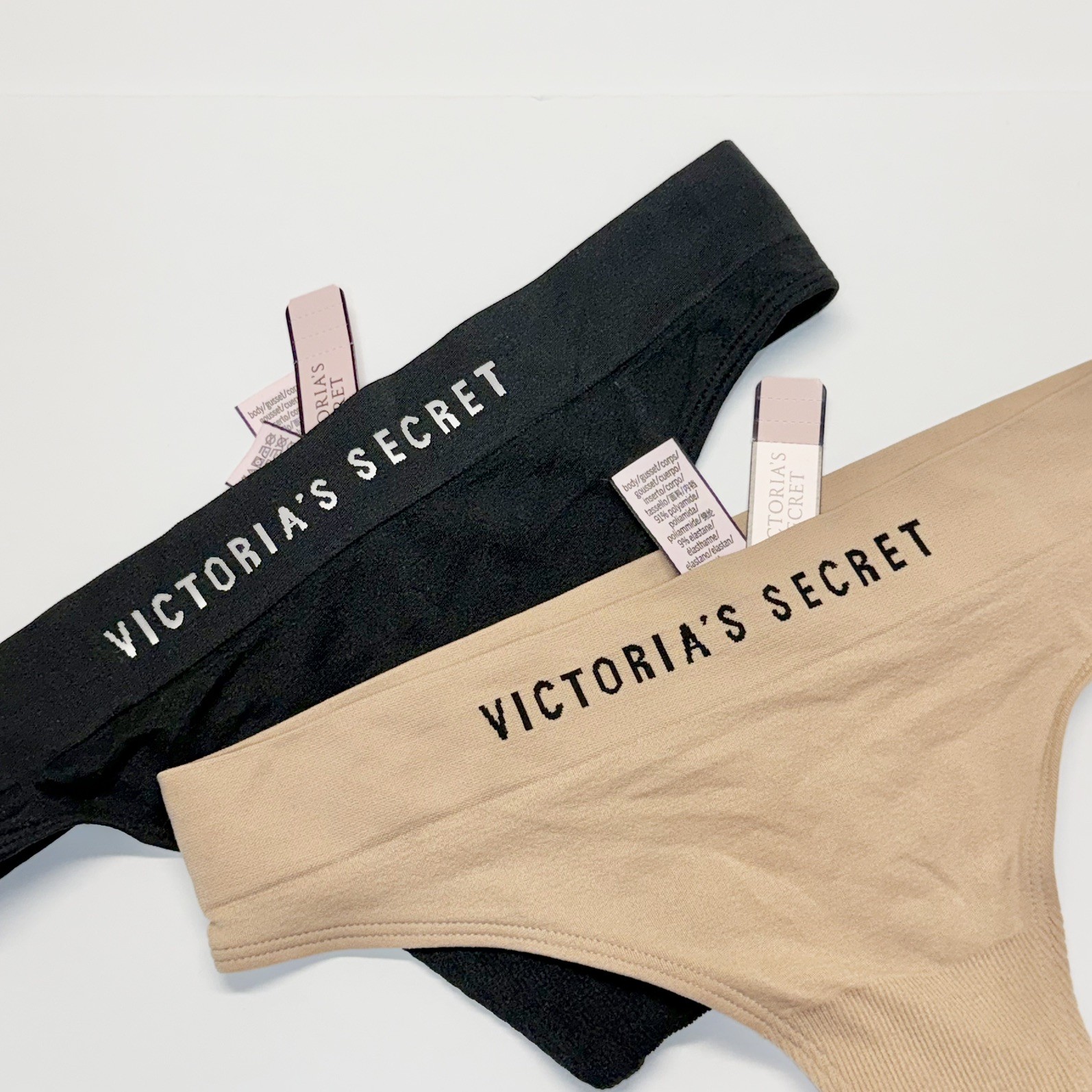 Set of 2 Vintage Victoria’s Secret Logo Band Soft Nude Black Thong Panties Med