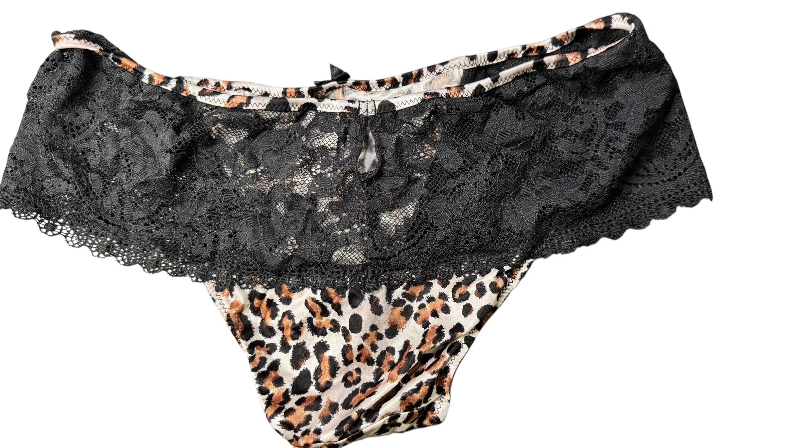 Animal Print Lace Trim Bikini Underwear Womens Small Leopard Black Satin Panties
