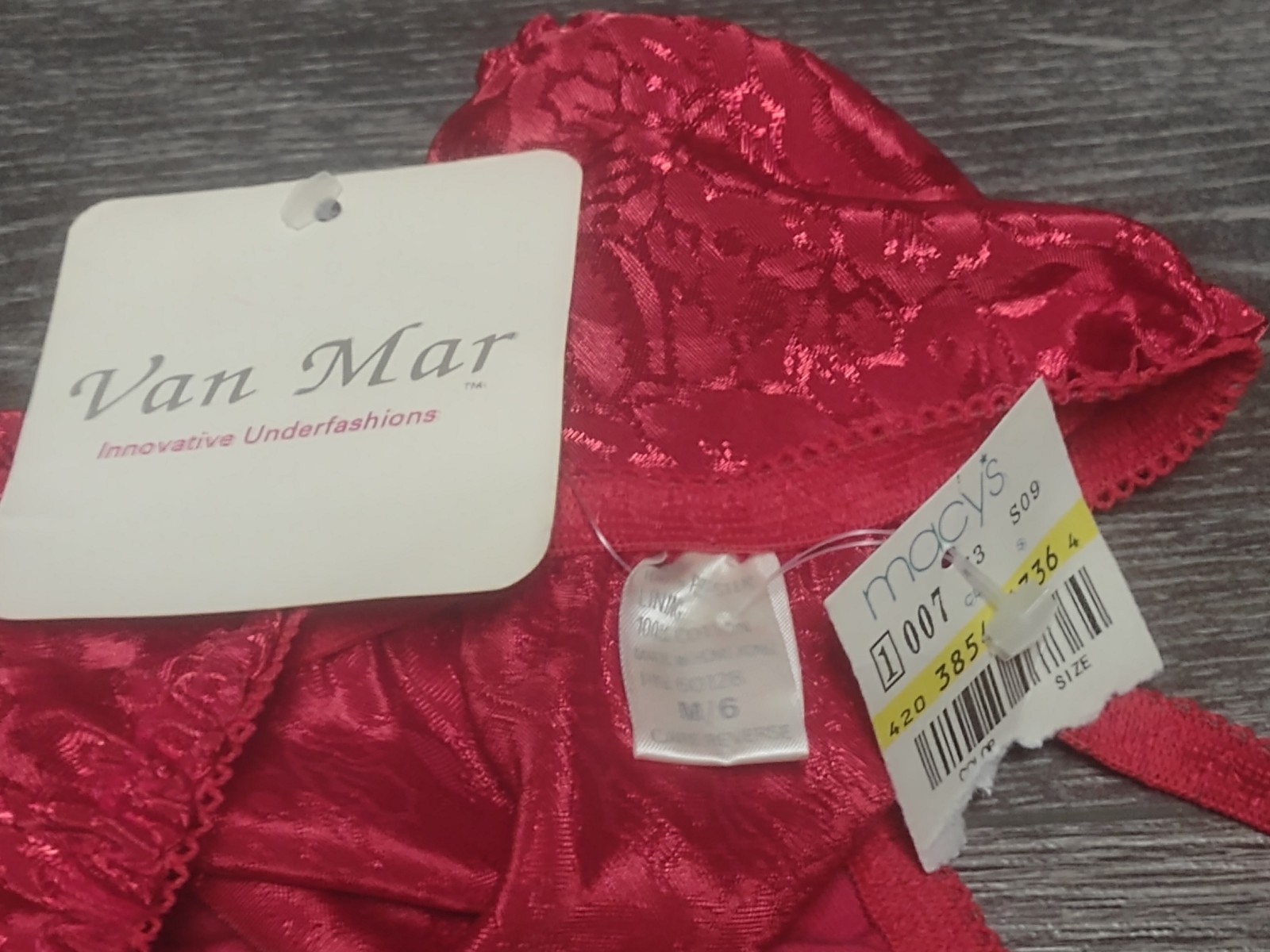 Vtg NWT Red Satin Panty String Bikini Floral Embossed Van Mar Size Medium