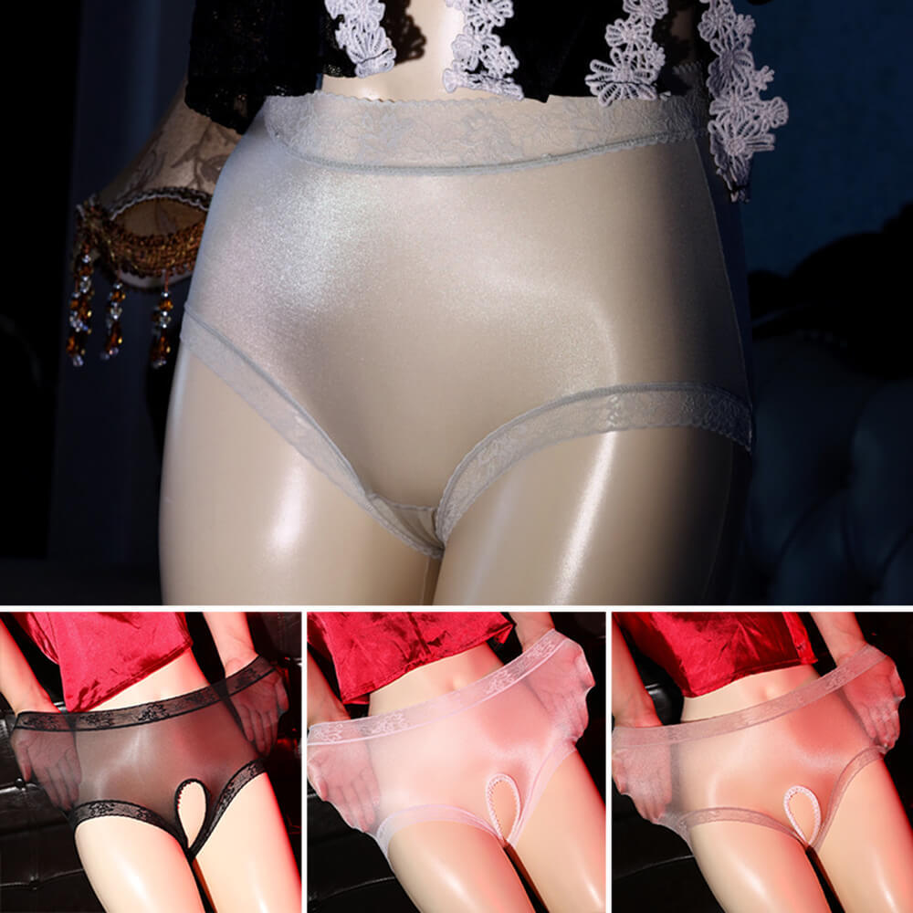 Womens Oil Shiny Glossy Panties Underwear See Through Lace Bikini Briefs Knicker