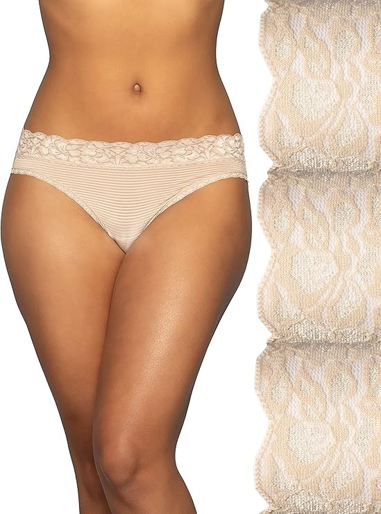 3 Pack Vanity Fair Women’s Flattering Lace Panties 18383 Bikini Beige, Sz 7 – 8