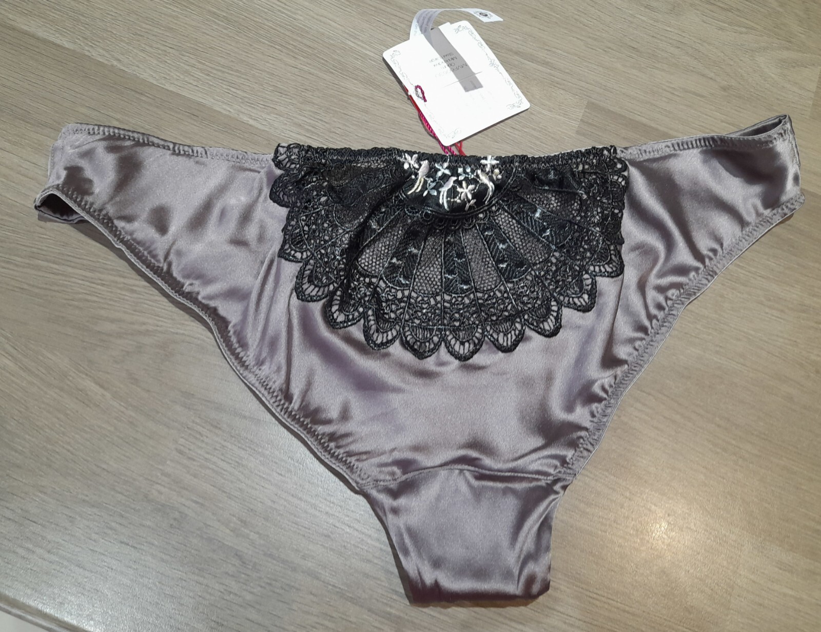 Madame V Steel OPIUM Silk Sheer Mini Knicker Brief With Black Lace Panel