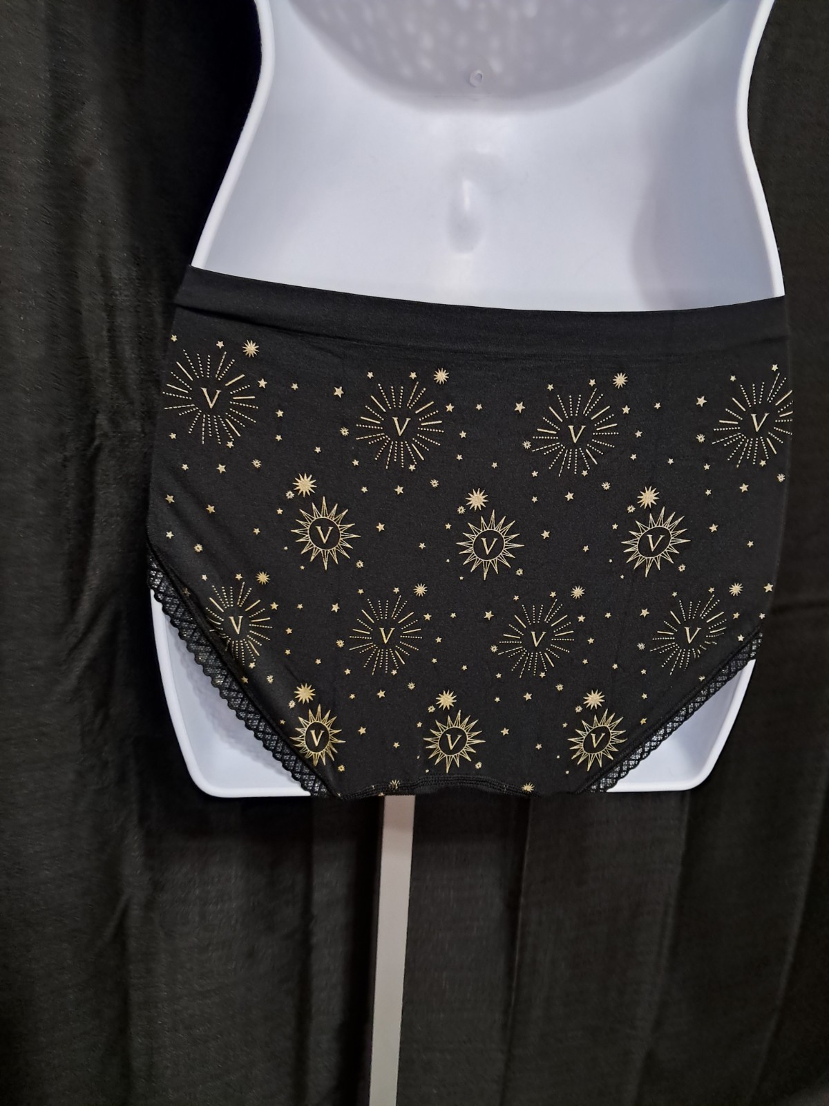 Victoria’s Secret High Leg Brief Panty Black Gold Star Print Lace Trim Women M