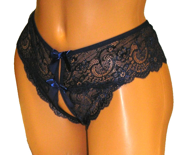 Panties Lingerie Bow Front & Back Dark Blue Lace Crotchless, 3XL Adult Gift