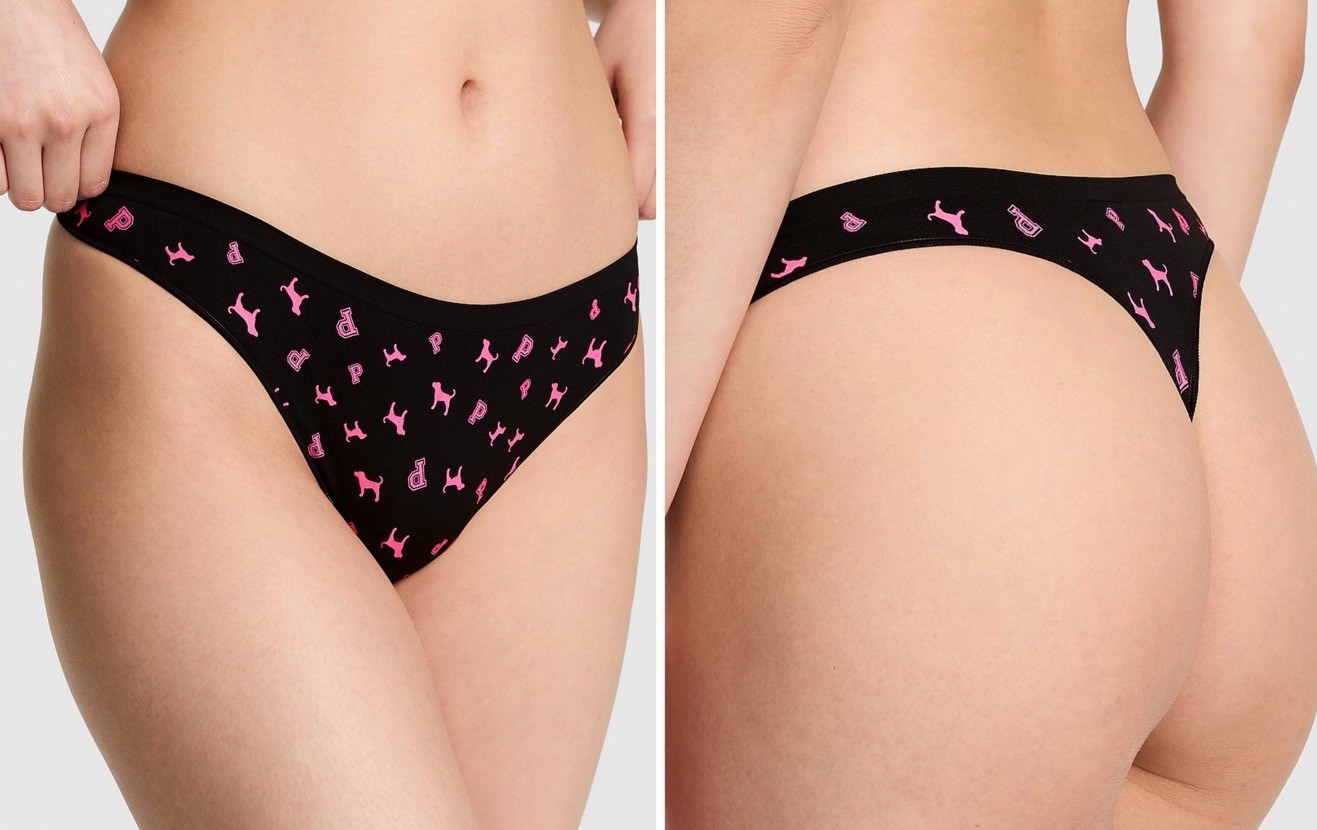 Victoria’s Secret PINK Seamless Thong Panty Black Pink Logo Dog Print Large