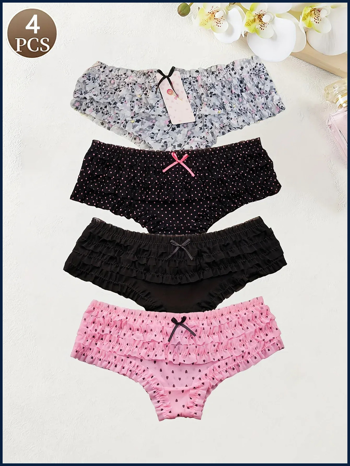4PCS Cute dot small floral patterns sweet knitted fabric with lace stitching
