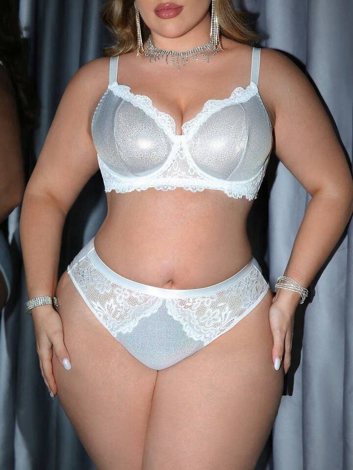 Sexy Shiny Metallic Lame’ Silver Bra & Bikini Panties Lingerie Set PLUS 4XL NEW