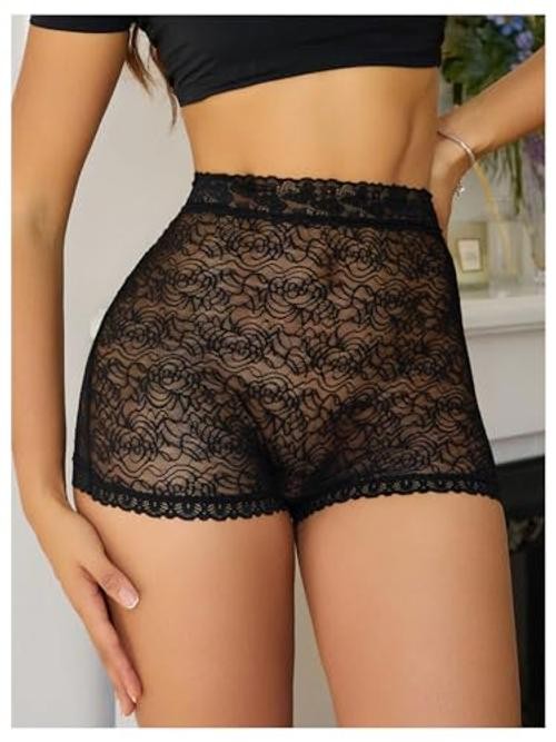 Women’s Plus Size Sheer Lace Boyshorts Underwear Sexy High 4X-Large Plus Black