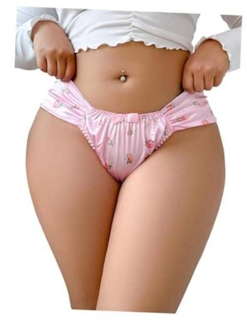 Women’s Plus Size Satin Underwear Floral Bow Bikini Panty 3X-Large Plus Pink