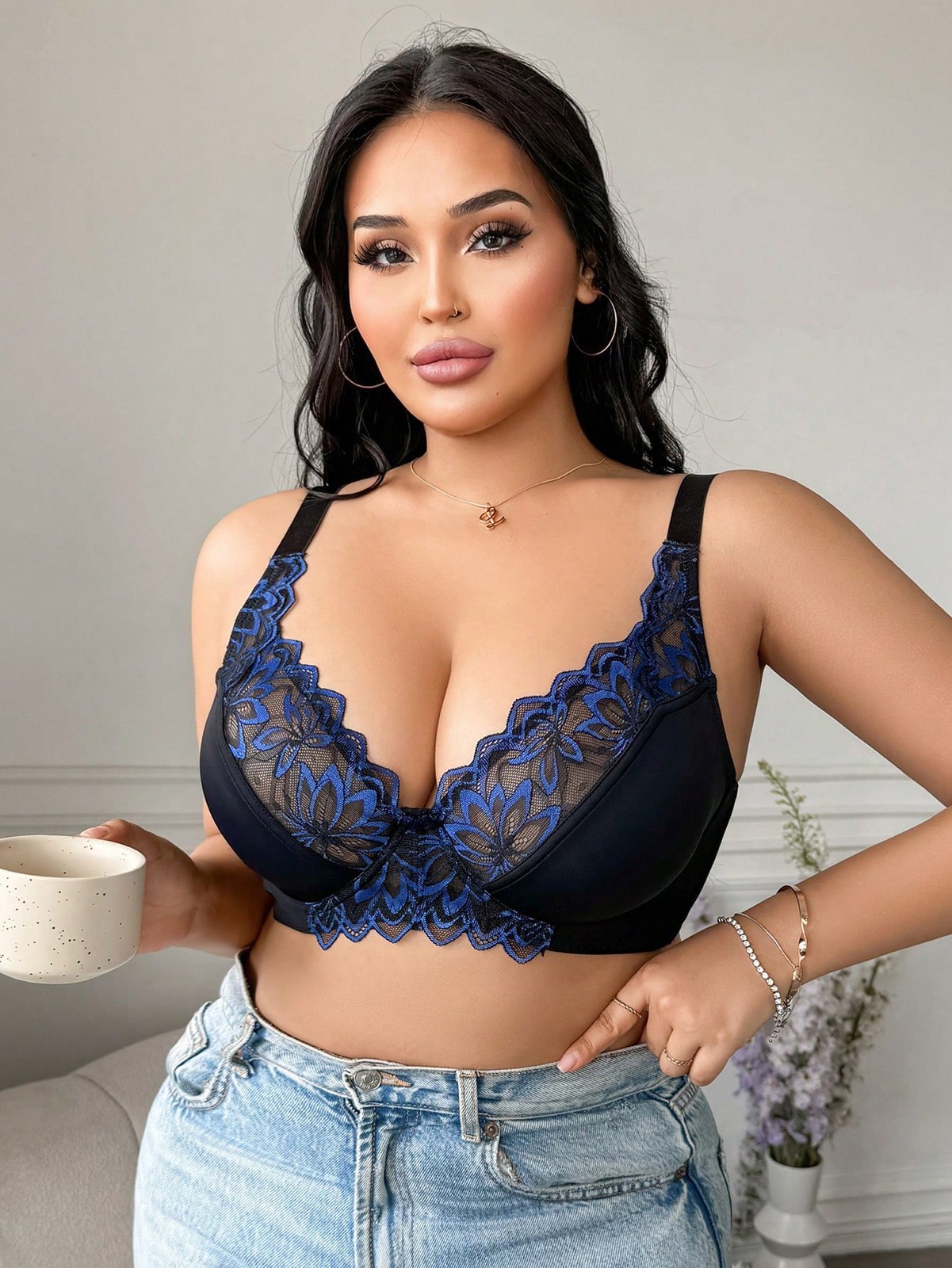 Sexy Lace Patchwork Comfort Bra in Plus Sizes Non Wired for Curves Cheap24