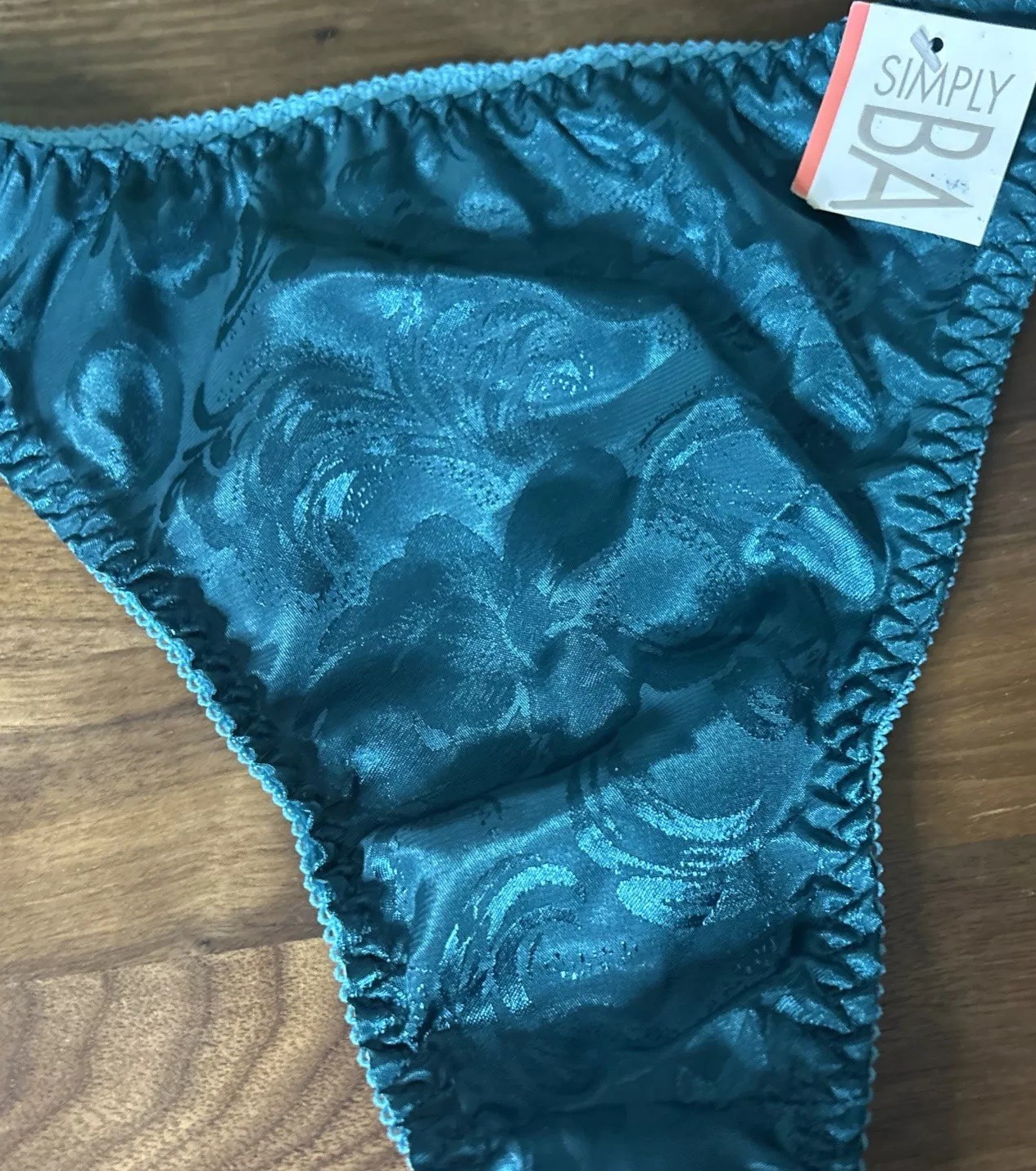 Vtg Simply Basic String Thong Panties Second Skin Shiny Satin Size 8 Green Flora