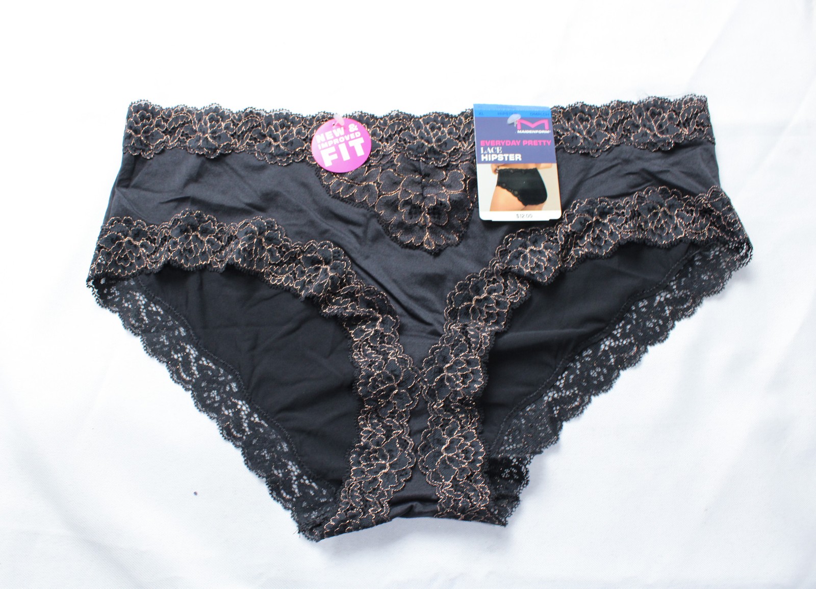 Maidenform Women’s Lace Cheeky Coverage Hipster EH6 Black/Rose Gold Size XL NWT