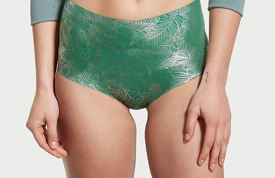 XL Green Leaf Foil Silver NO SHOW Victorias Secret High Waist Midi Brief Pantie