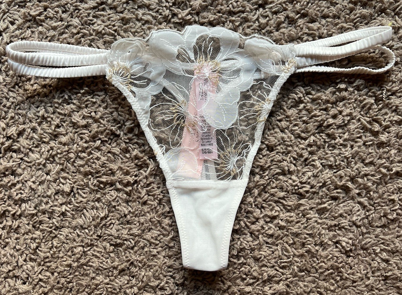 NWT Victoria’s Secret Double Strap Lace Mesh Thong Panty White Gold Bridal Small