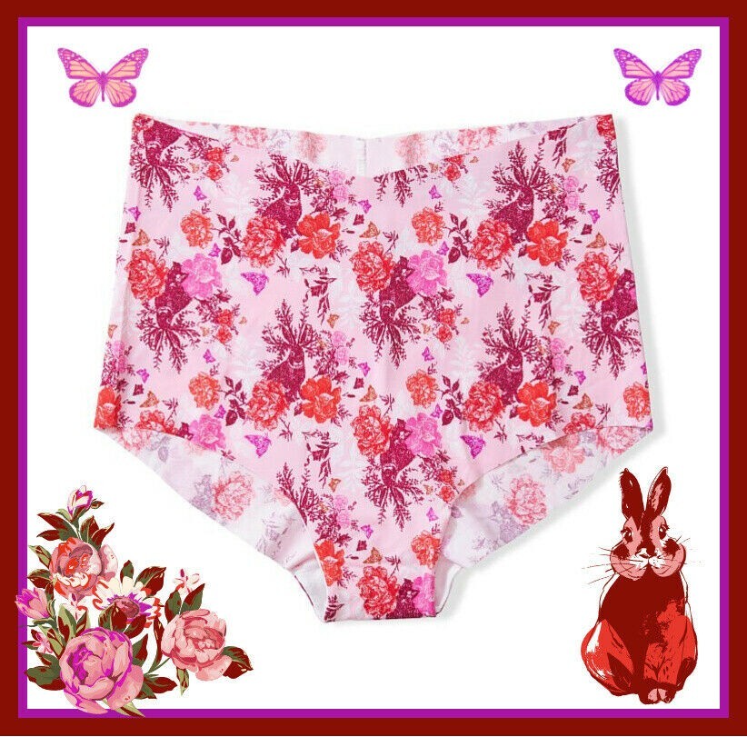 XL Pink Bunny Floral NO SHOW Edges Victorias Secret High Waist Midi Brief Pantie
