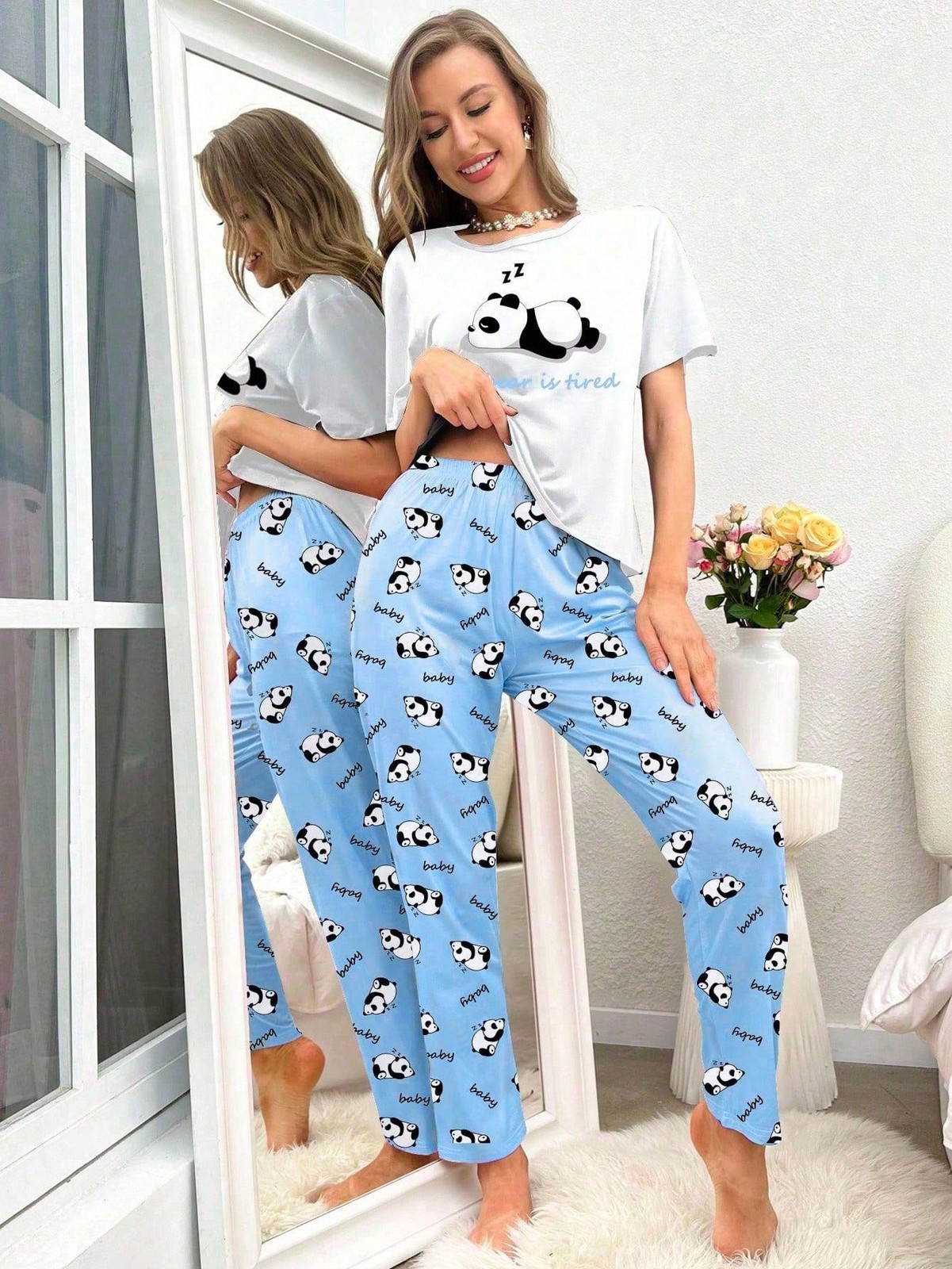 Ladies Comfy Panda & Slogan Graphic T Shirt and Pants Pyjama Set Cheap24