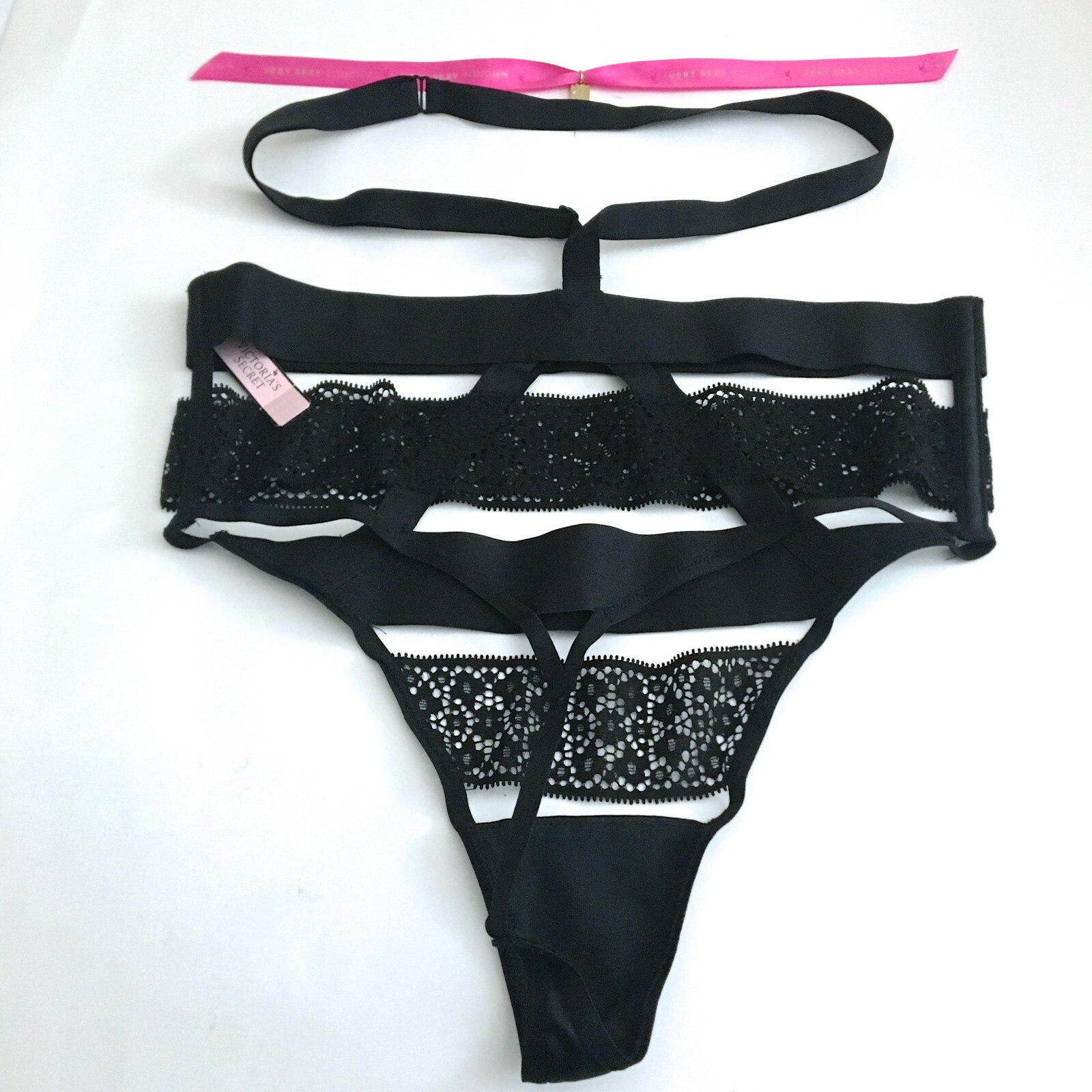 Victorias Secret SEXY THONG Panty Panties Strappy Cut Out Harness Black NWT M