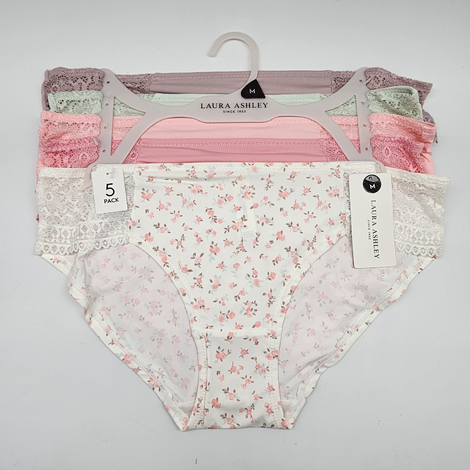 LAURA ASHLEY 5 Pack Women’s M L Microfiber Lace Panties Beige Green Pink Cream