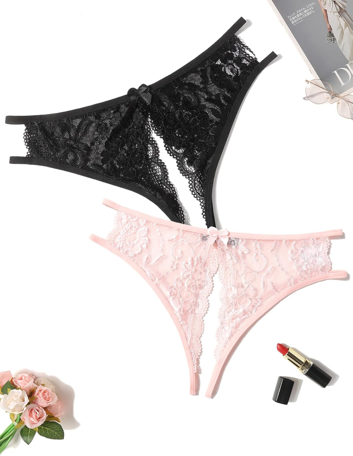 Women Lace Panties Sexy Underwear Floral Lace Briefs with Cute Bow Center
