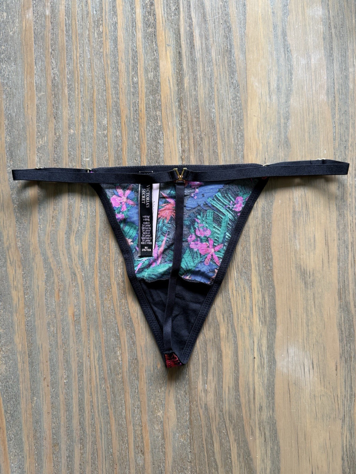 Victoria’s Secret Bright Tropical Black Satin Very Sexy V-String Thong Panty M