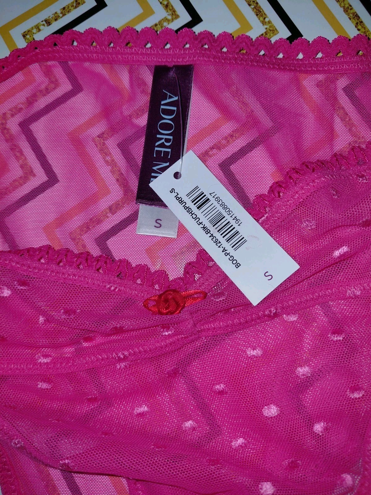 Adore Me/VS Floral Lace/ Flocked mesh Bikini Panty NEW Size Small Hot Pink