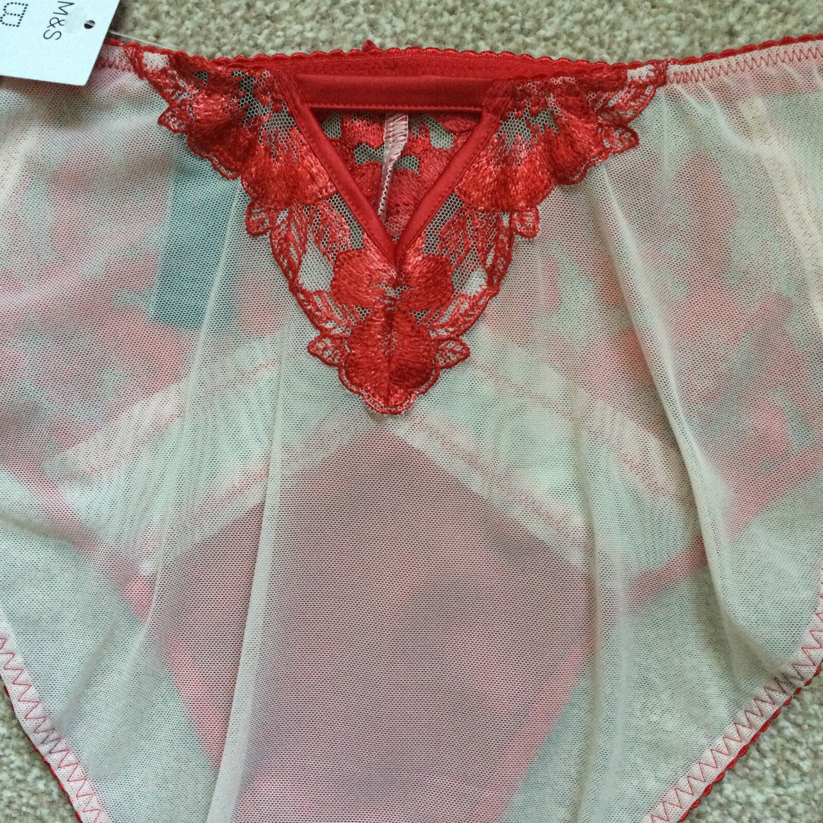 M&S Size 10 Boutique Layla Embroidered High Leg Knickers Red Cream Satin Mesh