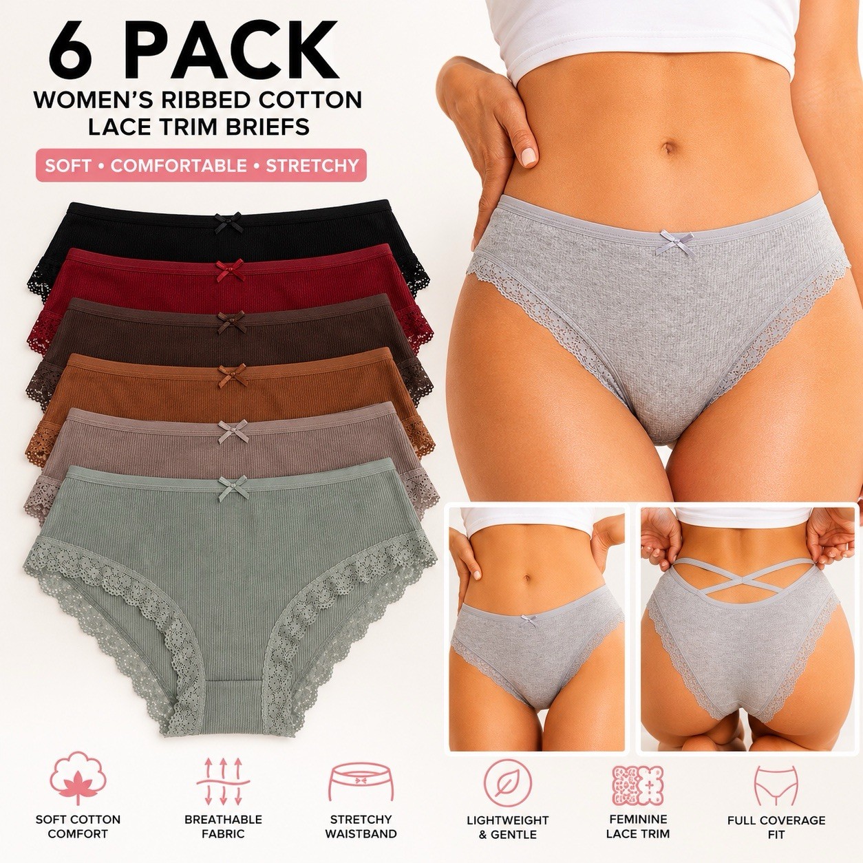 Women’s Teens Comfort Briefs Hollow Back Black Green Brown Red 6pk XL