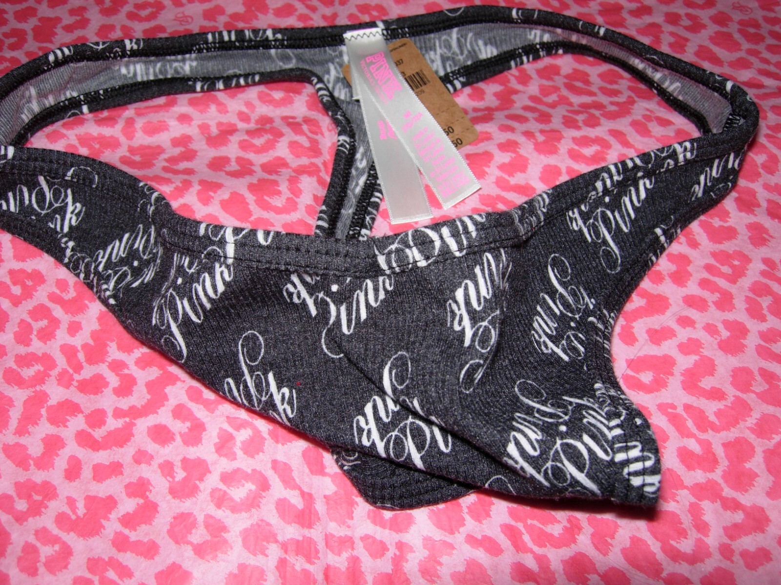 Victoria’s Secret PINK Thong String V-Cut Rib Pure Black Script NWT