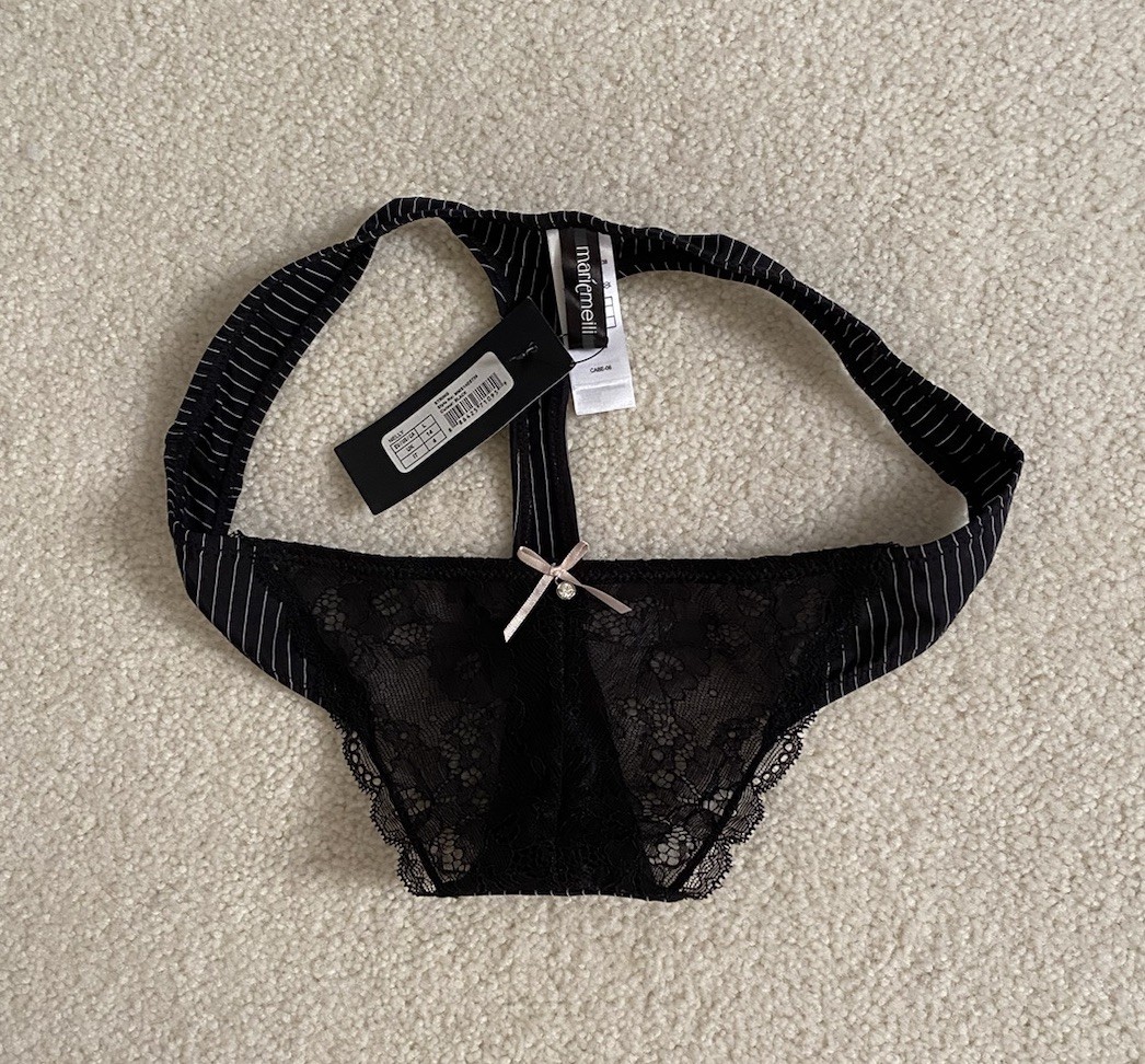 VTG Marie Meili ~ Black Pinstripe Lace String Thong Sexy Panty Crystal Accent L