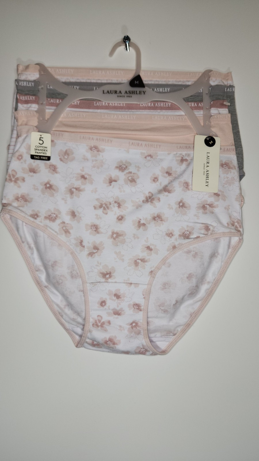LAURA ASHLEY 5 Pack Womens SIZE MEDIUM Cotton Panties Gray Beige Pink White