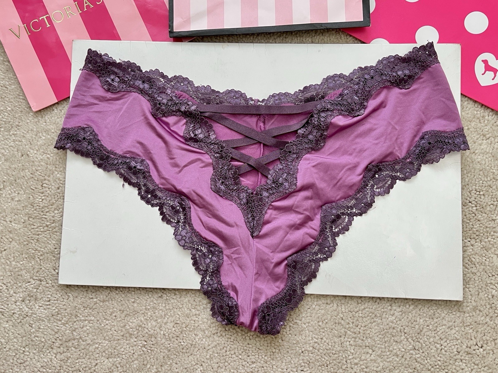 VTG Victoria’s Secret L Very Sexy Purple Satin Strappy Back Cheeky Panties Large