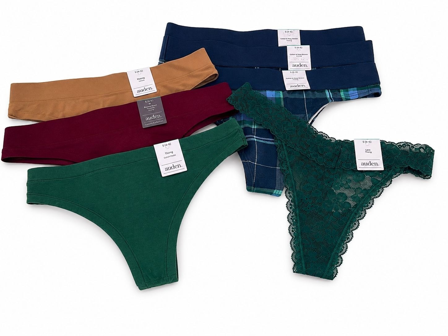 Auden 7-pair size Small 4-6 Thong Panty Seamless, Cotton, Lace NEW