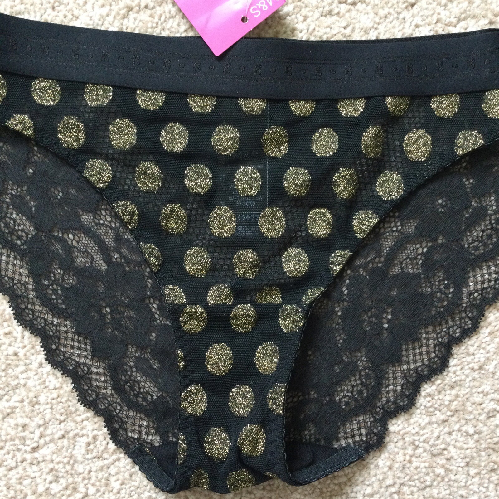 2 x M&S Size 8 – 10 Small Boutique Pretty Bikini Knickers Black Gold Mesh S