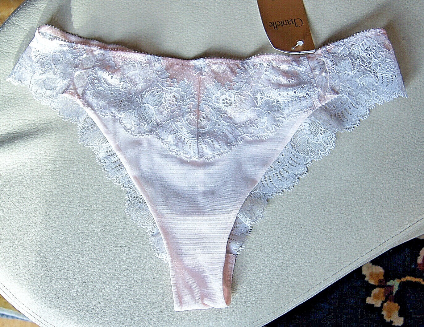 Chantelle Peach/Grey “Haut Couture” Lace/Brocade Tanga Style 3429/8E