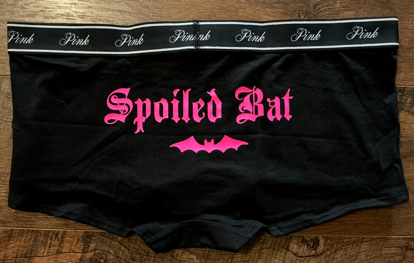 Victoria’s Secret Pink SPOILED BAT Boyshort Panty Black Neon Pink Logo L NWT