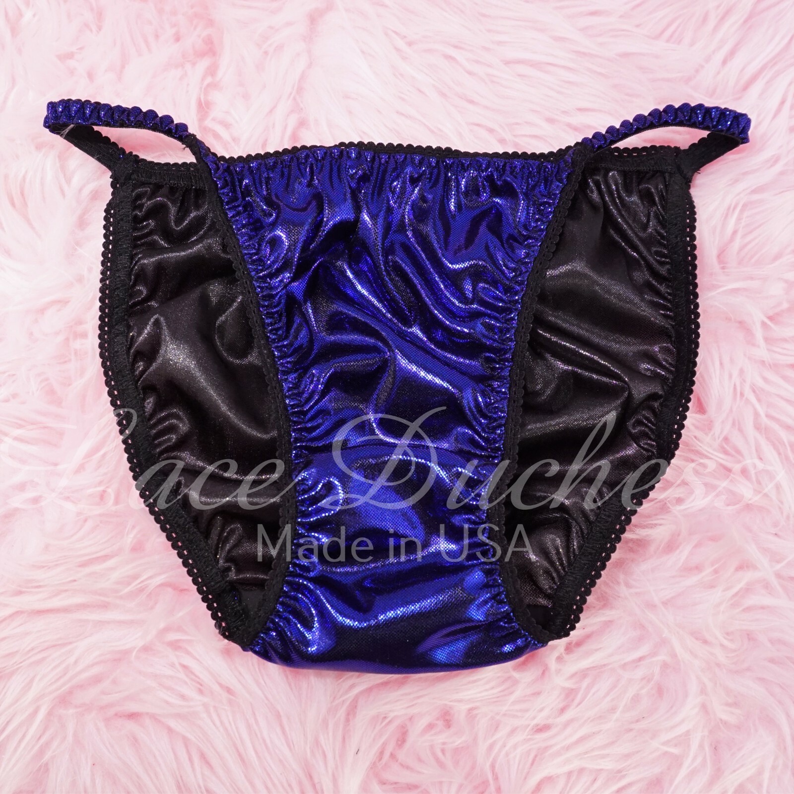 Vintage 80s style Metallic Foil sissy BLUE shiny string bikini Panties sz 5-9