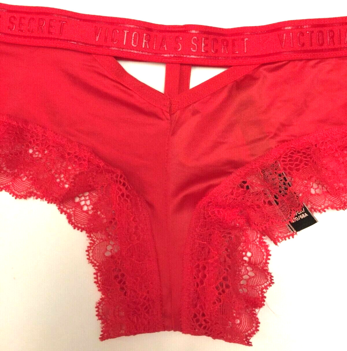 Victorias Secret Bright Cherry Red Logo Sport Band Cheeky Panty Size S Lace Trim