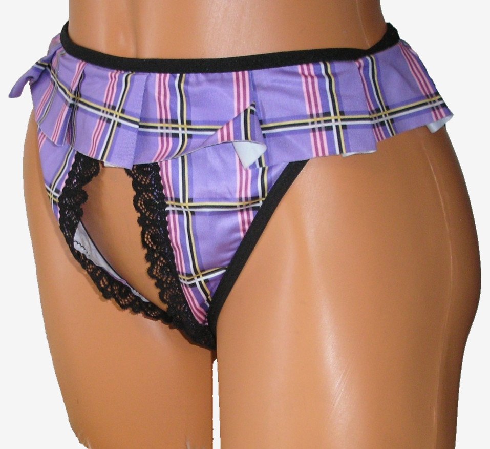 Panties Lingerie Purple Plaid Open Back & Crotchless, XL Adult Gift
