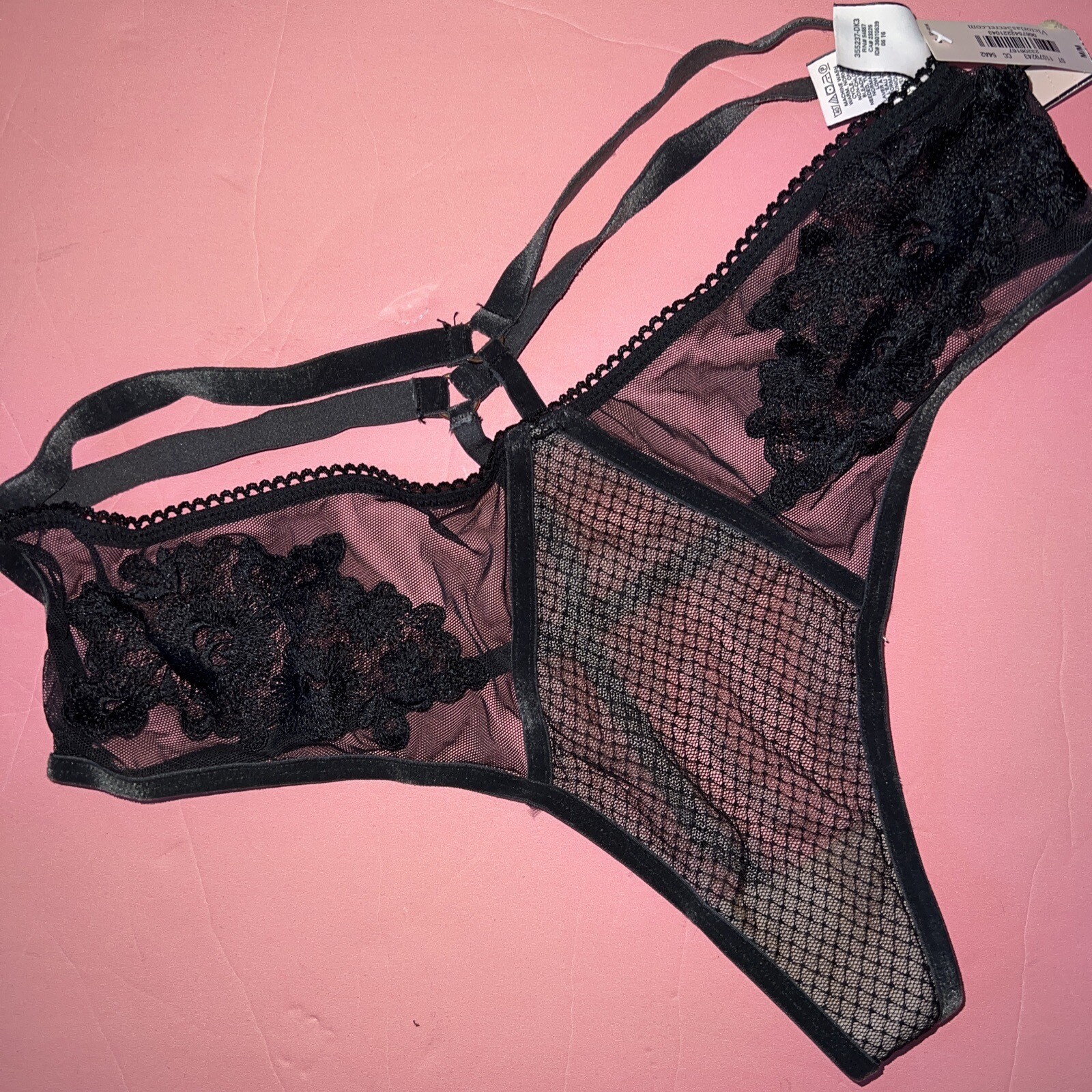 Victoria’s Secret S,M,L THONG BLACK BEIGE Velvet velour Embroidered Applique