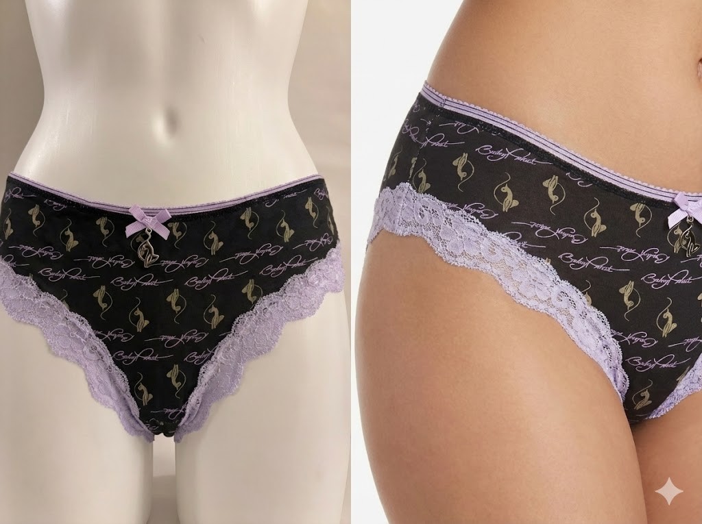 Baby Phat Panties Women’s Large Black Purple Lace Trim Cat Logo Charm Brief NWT