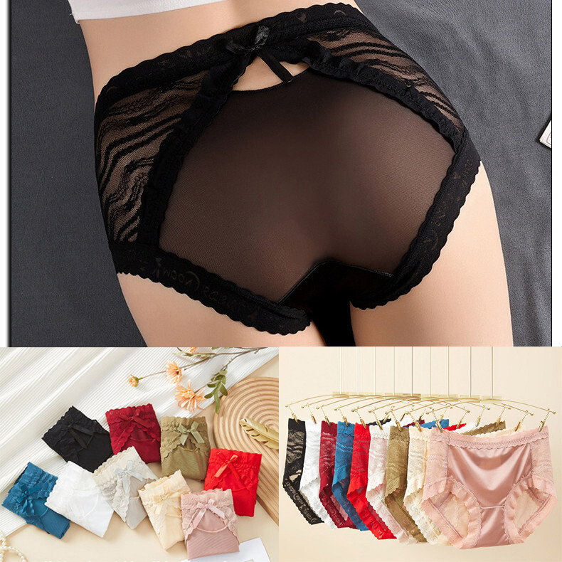 Women High waist Briefs Lace Stripes Ultra-thin Sexy Plus Size Underpants 91571