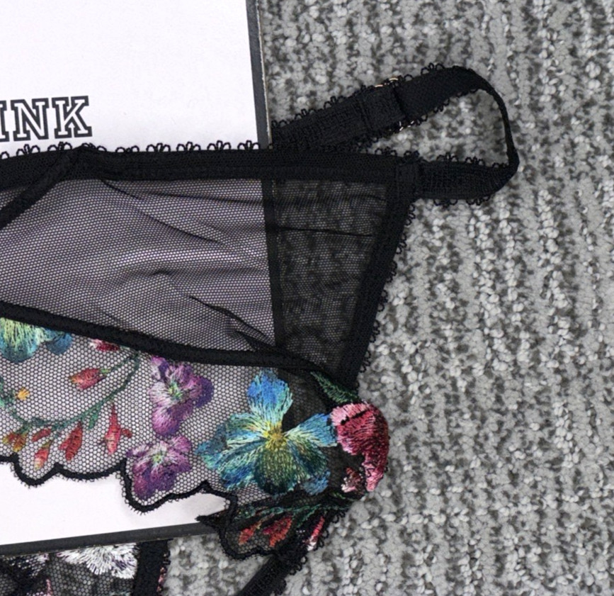 Victoria’s Secret Very Sexy NWT XXL Black Floral Crotchles Bikini Panty Mesh Bow