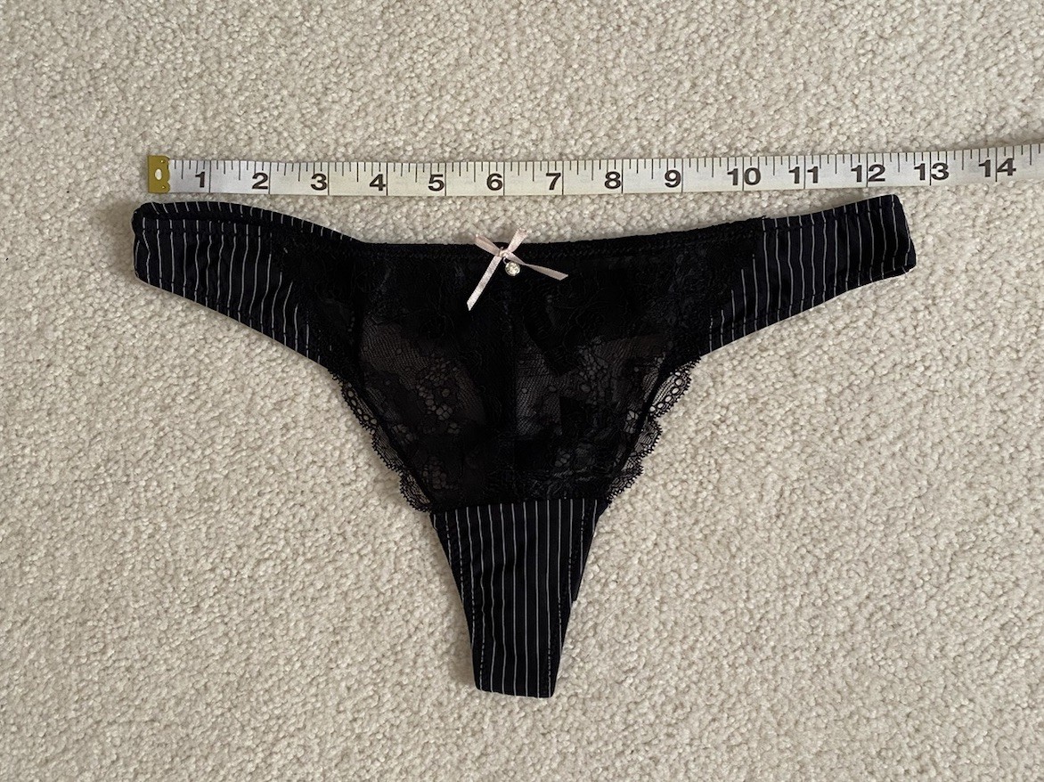 VTG Marie Meili ~ Black Pinstripe Lace String Thong Sexy Panty Crystal Accent L