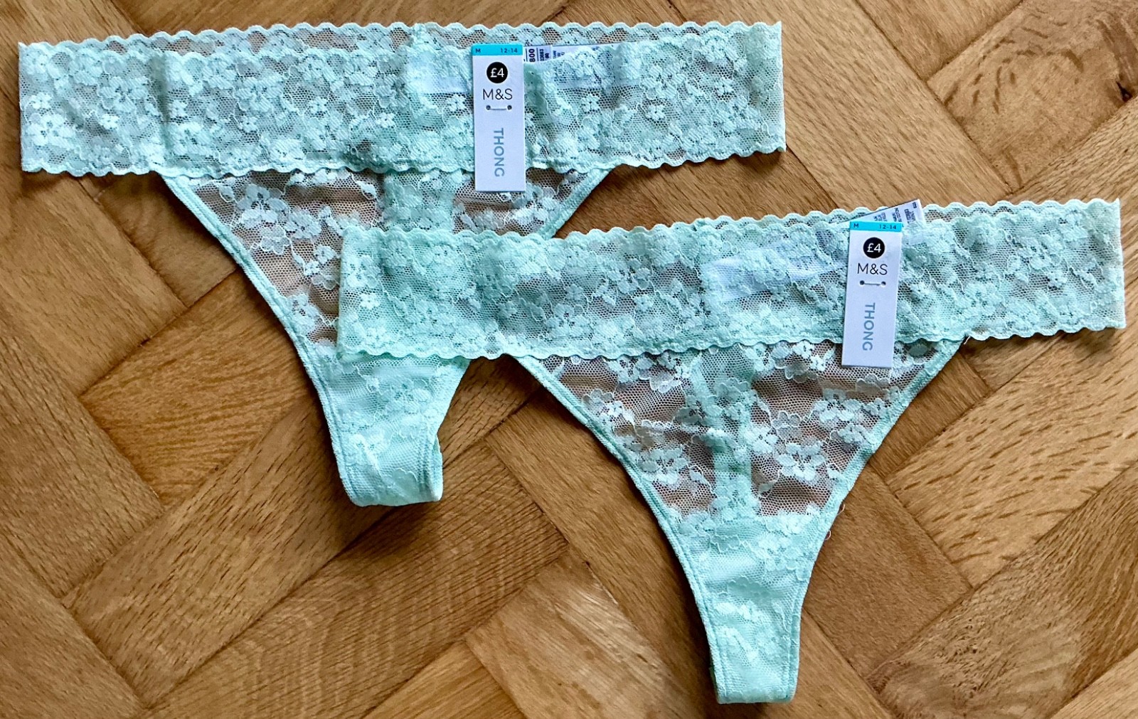 2 PACK M & S THONGS ~ 12-14 ( M ) ~LIGHT MINT ~ 88% POLYAMIDE 12% ELASTANE ~ NEW