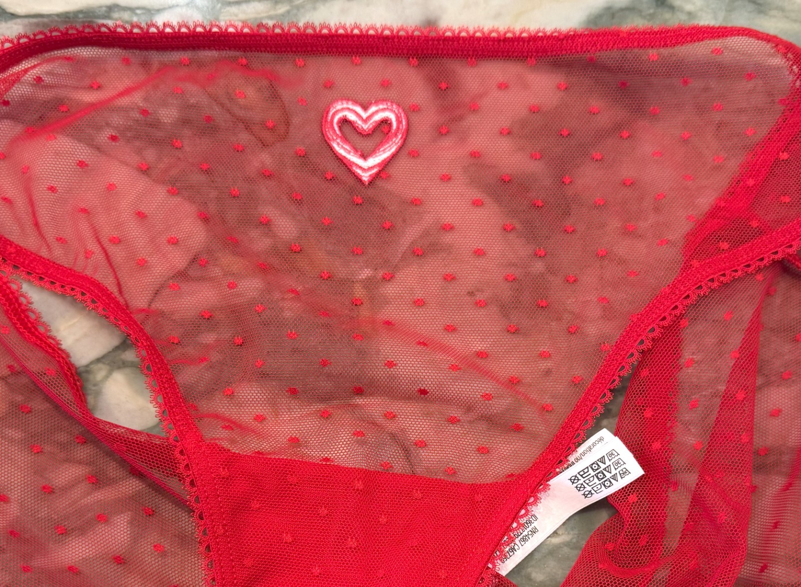 NEW Victoria Secret Sheer Dot Mesh Bikini – Red & Heart Embroidery – XL or XXL