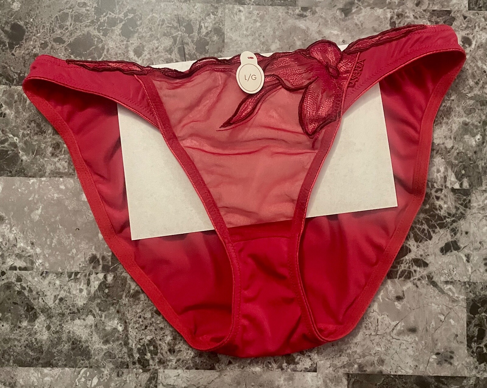NWT LA SENZA LARGE RED MESH SHEER EMBOIDERED FLORAL SMOOTH BIKINI PANTIES