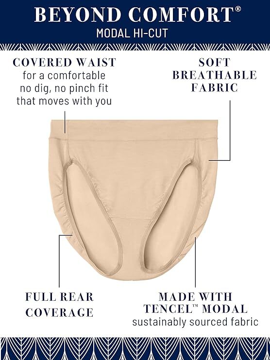 3 Pc Vanity Fair Beyond Comfort Hi-Cut Brief Modal 13250 Wht Blk Neutral 6 7 8 9