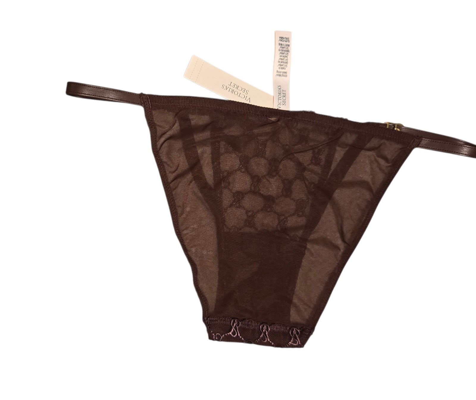 Victoria’s Secret String Bikini Embroidered Logo in Brown Lace Mesh Size S NWT